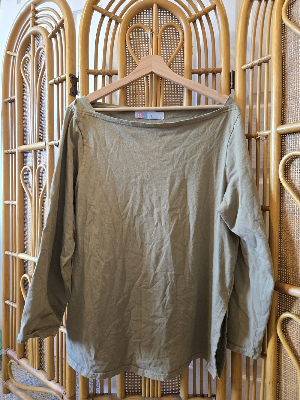 Free People Beach Olive Green Cotton Wide Boatneck Top